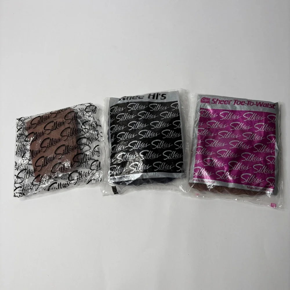 8 Silkies Hosiery VTG Sheer Toe-To-Waist Pantyhose & Knee Hi Socks Beige Blue